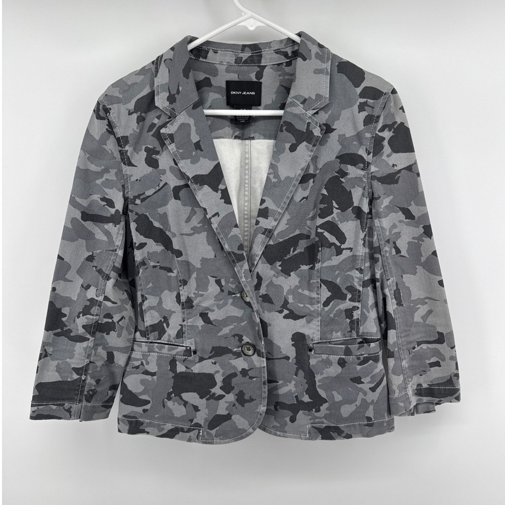 DKNY Jeans Womens Gray Camouflage 2 Button Blazer Jacket 3/4 Sleeve Size M